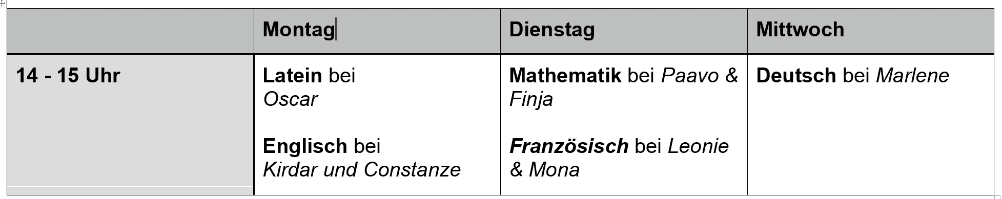 ShS - Herbst 2023 - Tabelle mit Zeiten