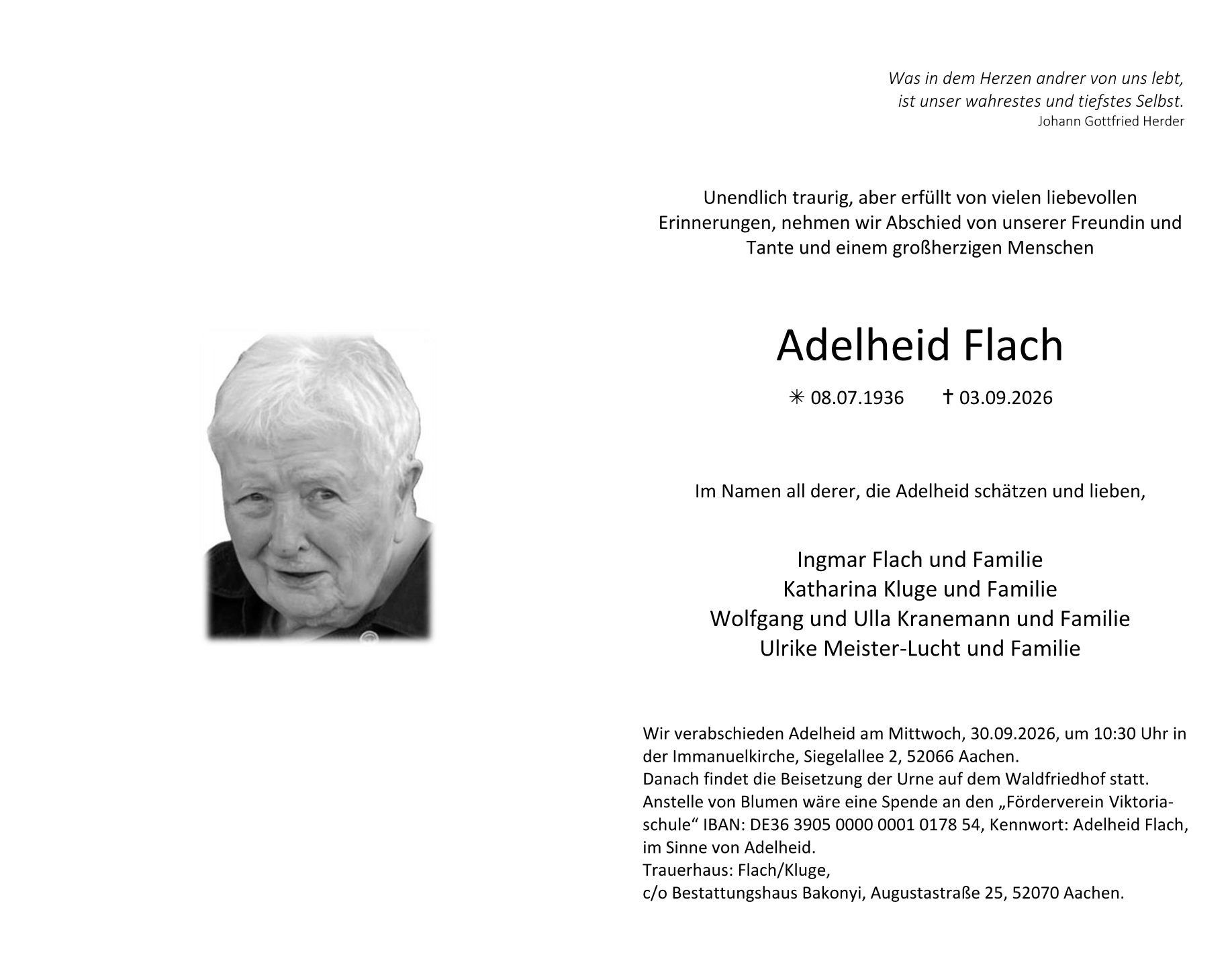 Trauerkarte Adelheid Flach